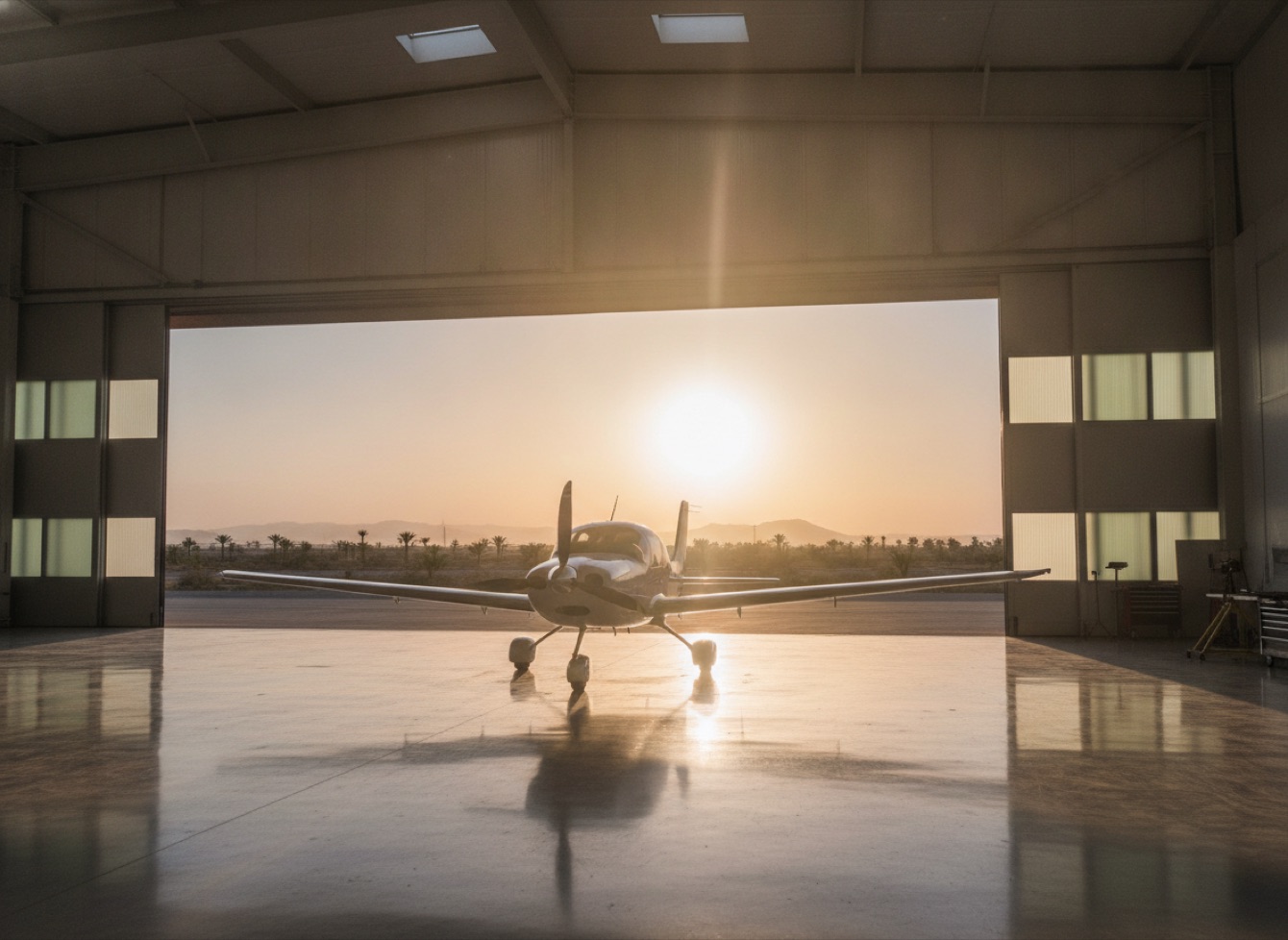 Hangar de l'aéroclub à l'aube, avion léger baigné de lumière dorée