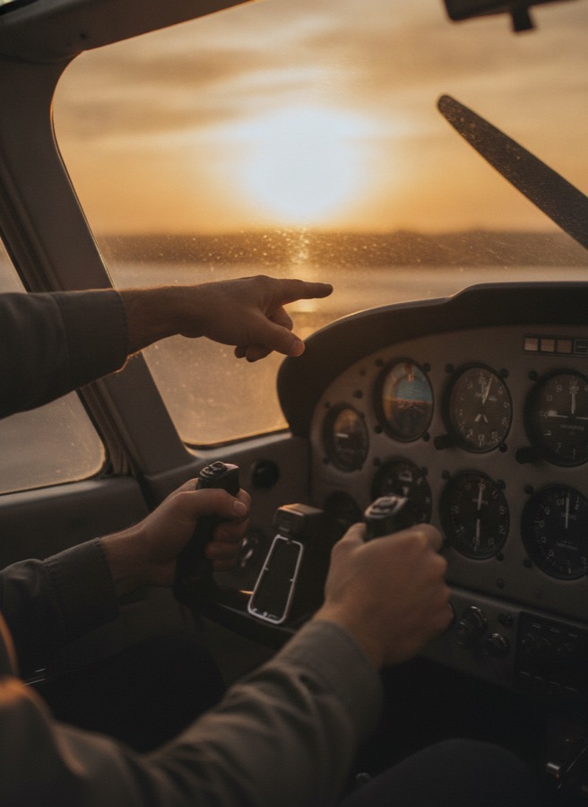 Élève pilote aux commandes, guidé par un instructeur en cabine