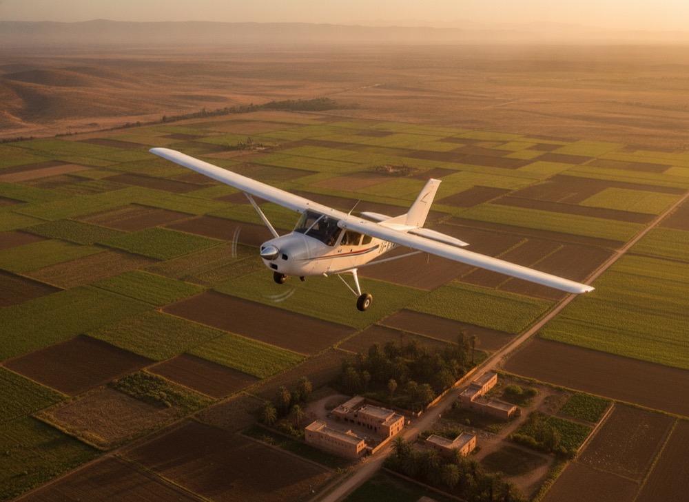 Avion léger en virage au-dessus des campagnes marocaines