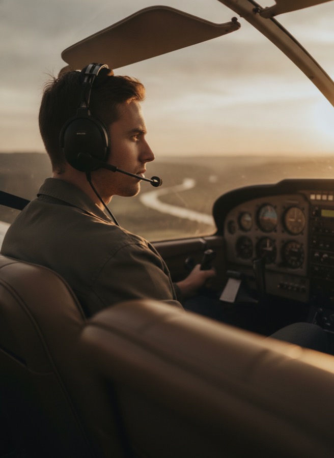 Jeune pilote au casque concentré vers l'horizon en cockpit