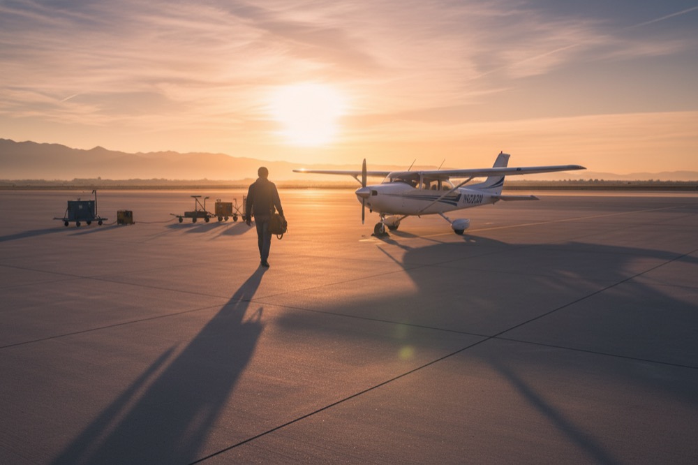Futur pilote marchant vers un avion léger au lever du soleil