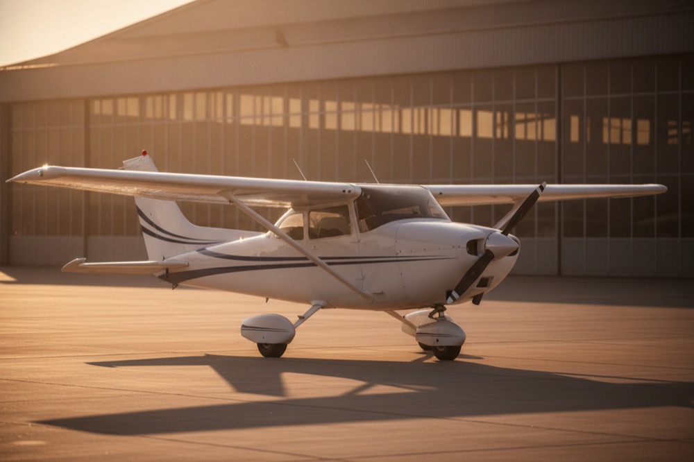 Avion-école biplace à aile haute sur le parking de l'aérodrome