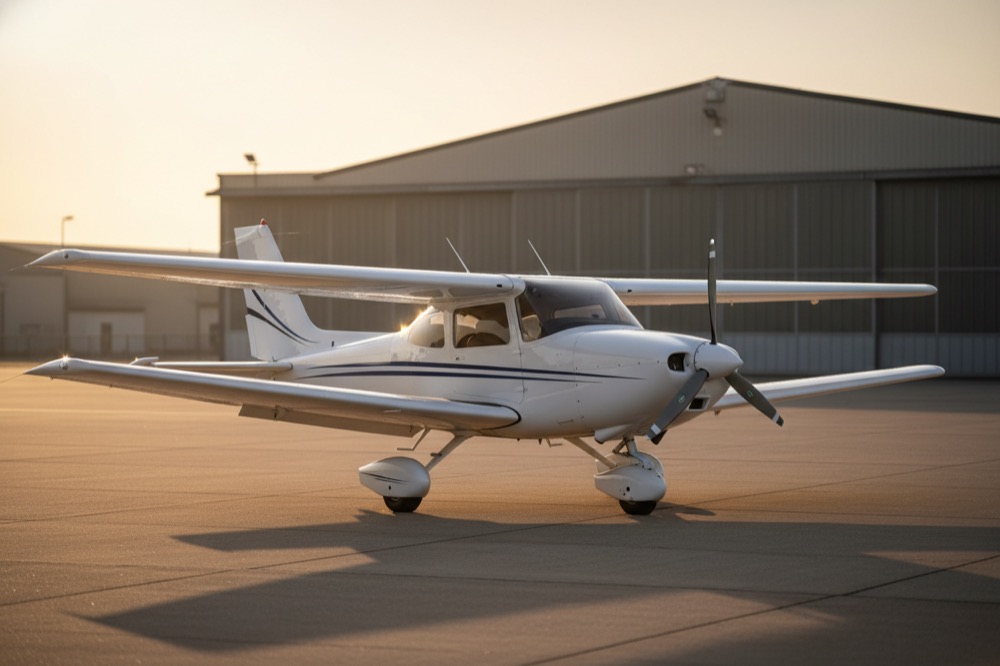 Avion-école léger au soleil couchant sur le tarmac