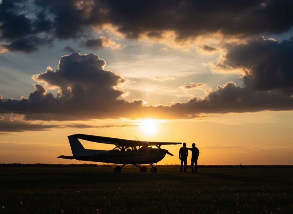 Pilotes en silhouette discutant près d'un avion au crépuscule