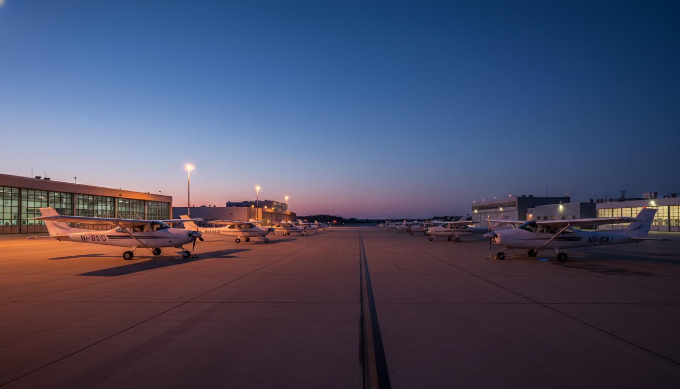 Ligne d'avions légers stationnés à l'heure bleue