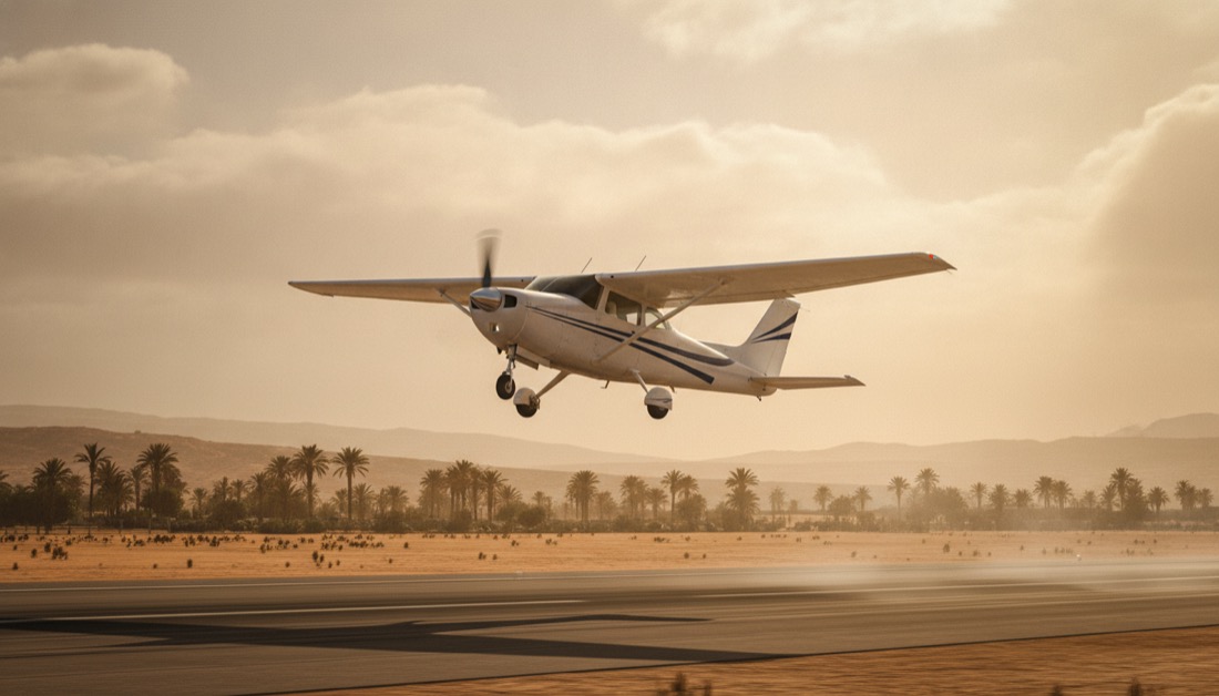 Avion léger quittant la piste au coucher du soleil