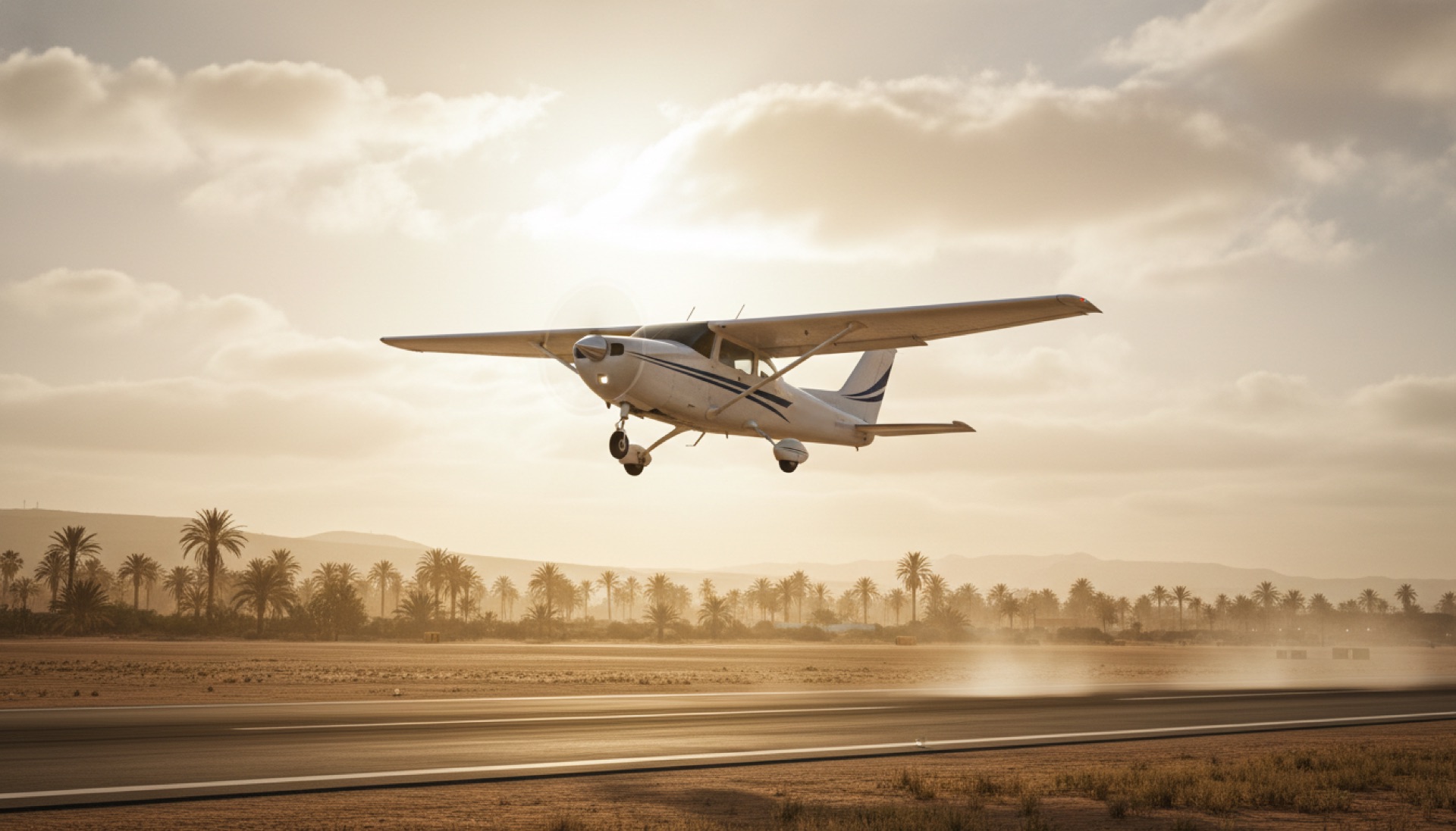 Avion léger de l'aéroclub au décollage sur la piste au coucher du soleil